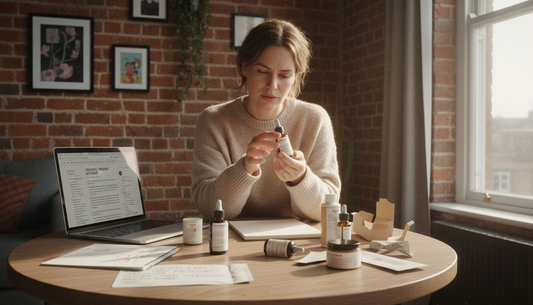 Woman reviewing skincare labels at home table