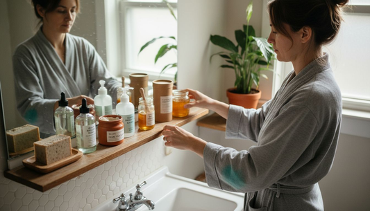 Woman arranging natural cleansers on bathroom shelf