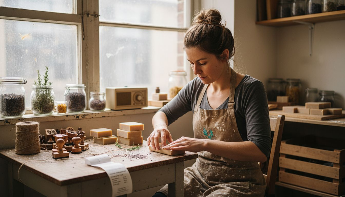 Soapmaker wrapping soaps in eco-friendly studio