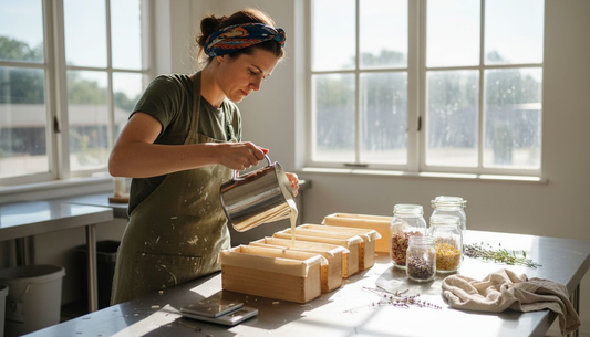 Artisan pouring handmade soap into molds