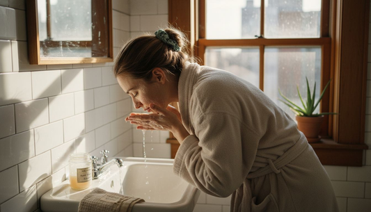 Woman gently cleansing face in sunlit bathroom