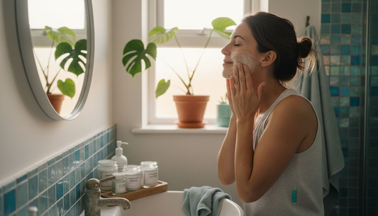Woman applying organic skincare in sunlit bathroom