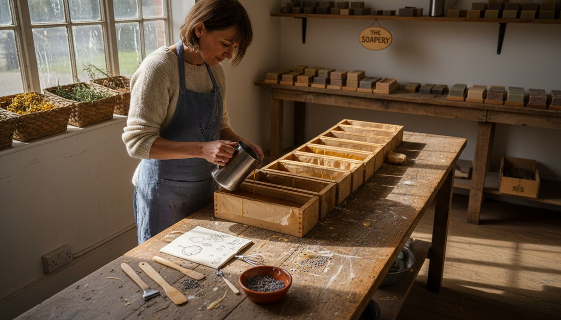 Soap maker pouring soap in sunlit studio