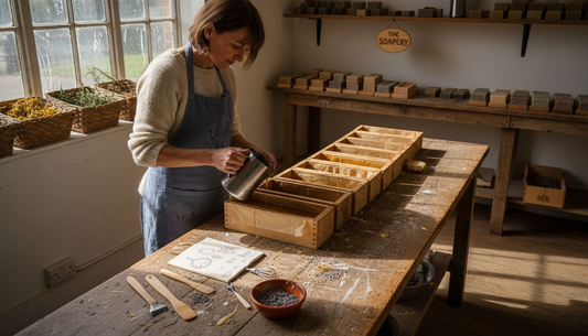 Soap maker pouring soap in sunlit studio