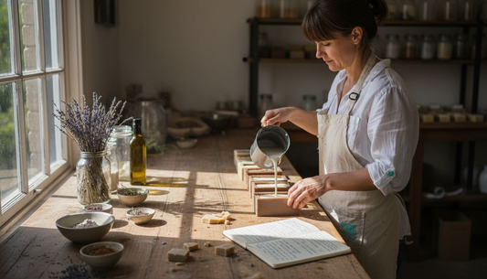 Soap maker pouring ingredients in sunny studio