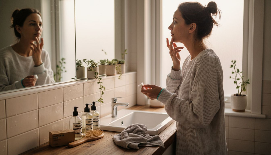 Woman applying skincare with eco-friendly products