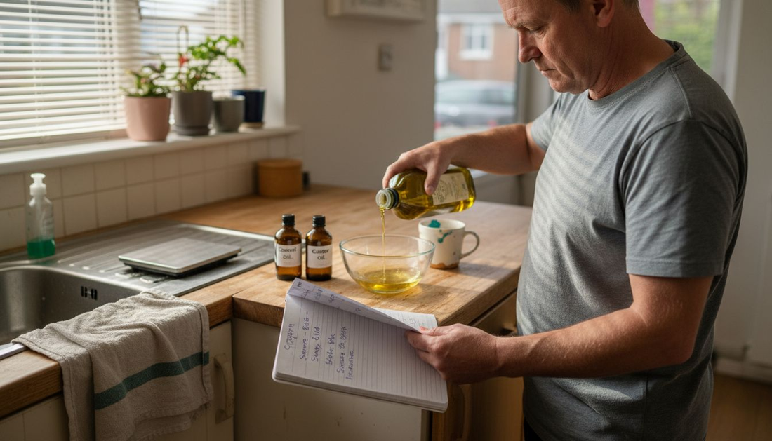 Soap maker measuring ingredients in kitchen