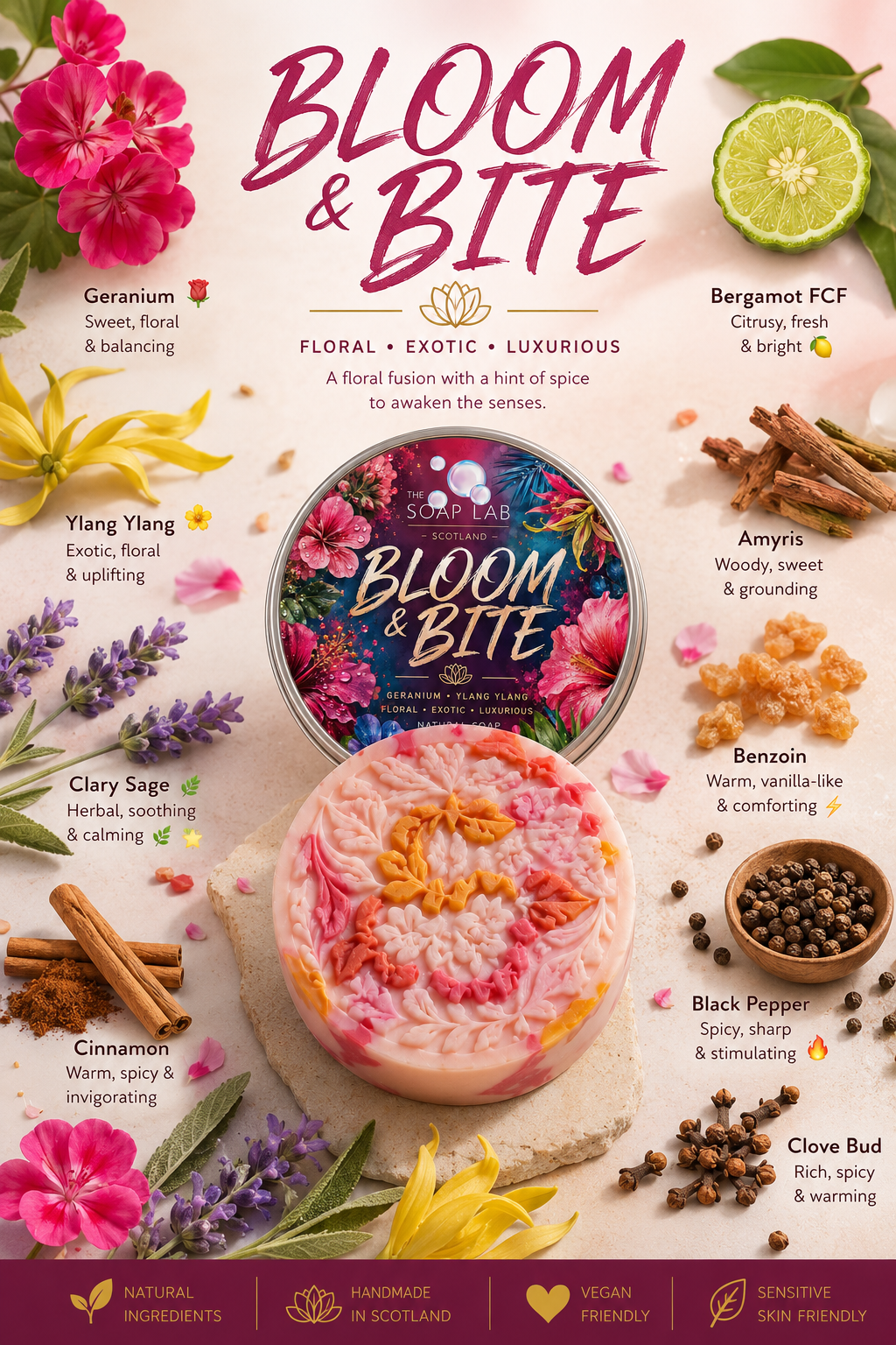 🌸 Bloom & Bite | Floral Luxury Natural Soap Bar