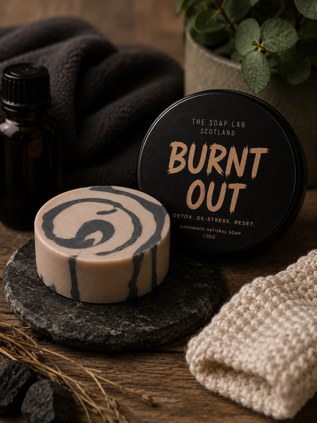 Burnt Out – Smoky Vetiver & Black Pepper Natural Soap Bar in Reusable Tin | Handmade Soap 130g The Soap Lab Scotland
