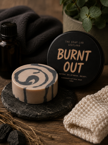 Burnt Out – Smoky Vetiver & Black Pepper Natural Soap Bar in Reusable Tin | Handmade Soap 130g The Soap Lab Scotland